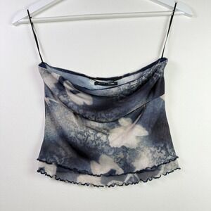 SILENCE + NOISE Blue Floral Mesh Cowl Neck Lettuce Edge Tube Top Small